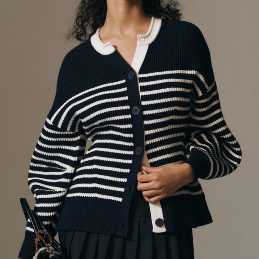 NWT Anthropologie Maeve blouson sleeve button up cardigan navy and white - Picture 3 of 17